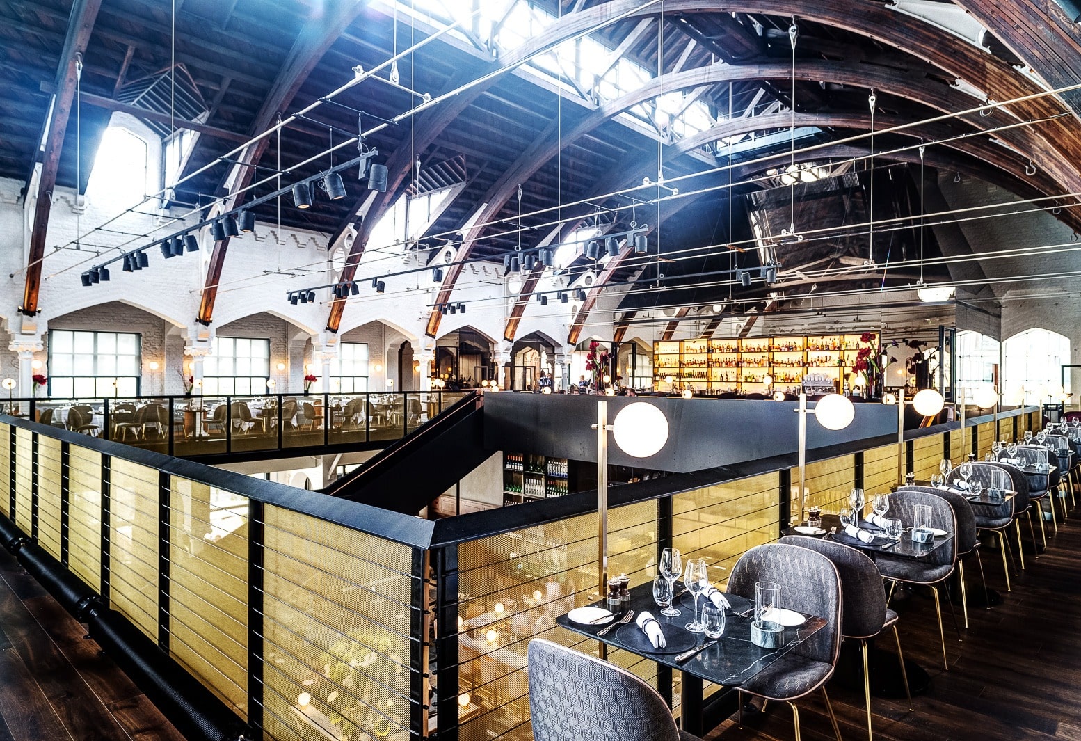 D & D Restaurant German Gymnasium upstairs dining area after lighting project completion.