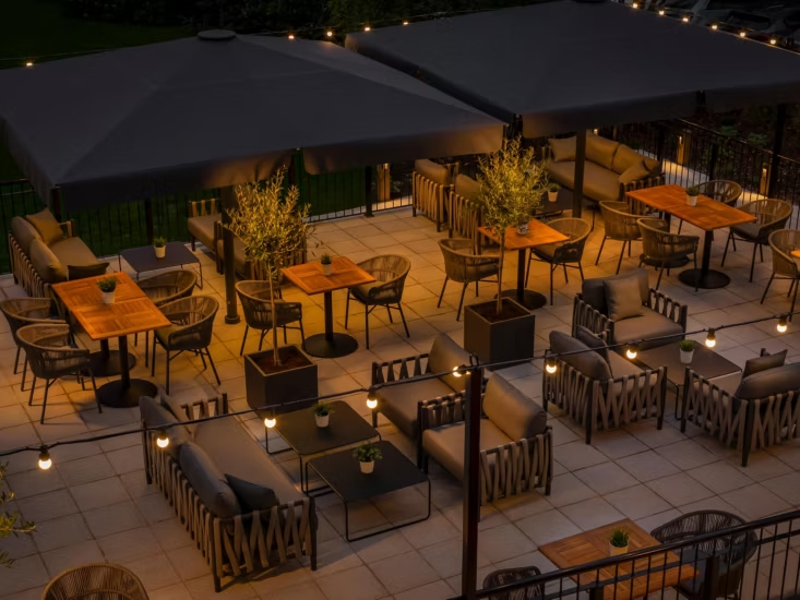 Holiday Inn Farnborough balcony area after lighting project completion.